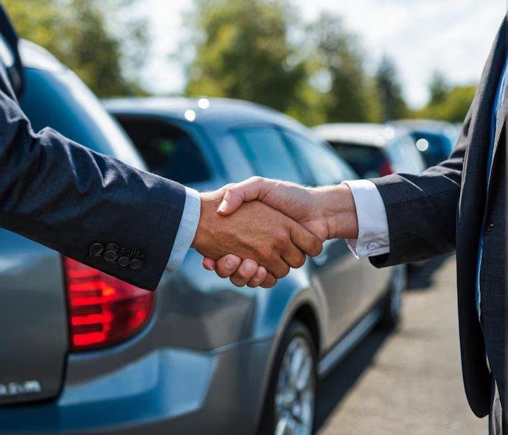Buyer and seller shaking hands beside a used car
