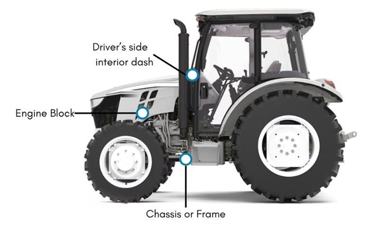 Tractor showing VIN locations on the dash, engine block and frame